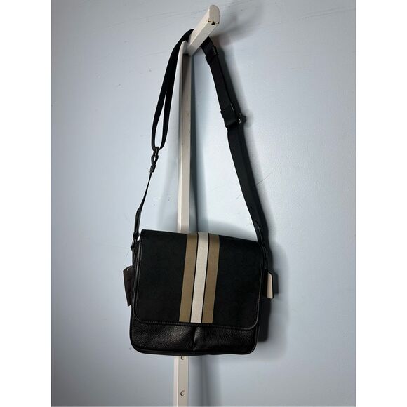 COACH NWT Thompson Crossbody Bag Jacquard Varsity Stripe Black Leather Snap - Picture 2 of 12
